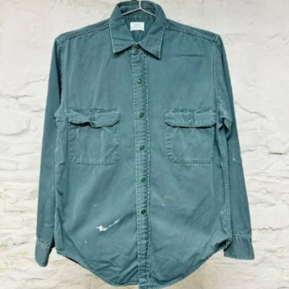 Vintage 50s 60s Sears Roebucks Sanforized Work Shirt Army Twill Paint Splatters